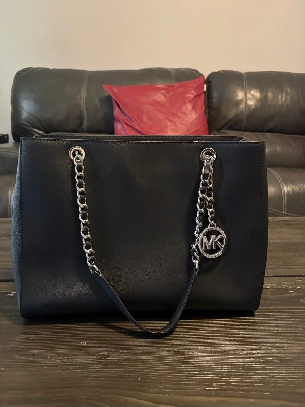 Michael Kors Black Saffiano Chain Tote with MK Charm